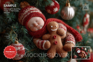 christmas gingerbread baby face swap overlay scene, festive holiday backdrop for newborn photos