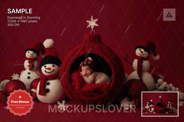 christmas baby scene with snowmen and ornaments, ideal for holiday photos