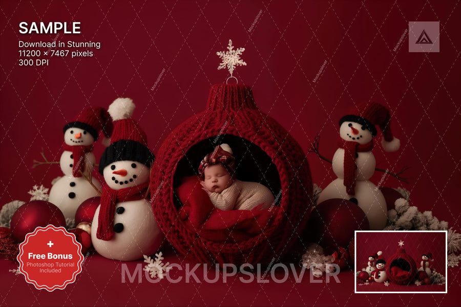 christmas baby scene with snowmen and ornaments, ideal for holiday photos