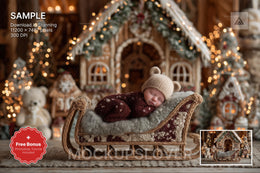 christmas santa sleigh scene with gingerbread house backdrop for holiday photos