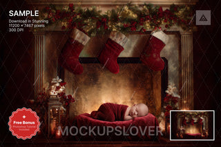 digital backdrop featuring a cozy fireplace scene for christmas baby photos