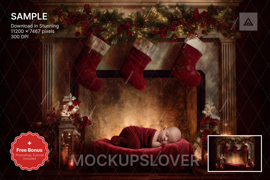 digital backdrop featuring a cozy fireplace scene for christmas baby photos
