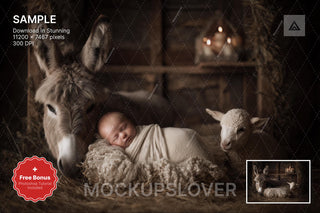 baby in a nativity scene with wooden barn background, perfect for holiday photos