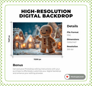 Christmas Cookies Digital Backdrop, Giant Gingerbread Photo Background, Winter Wonderland, Holiday Kids Prop, Photoshop & Canva Template
