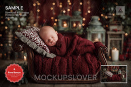 newborn in wood bed with christmas backdrop, digital winter wonderland scene