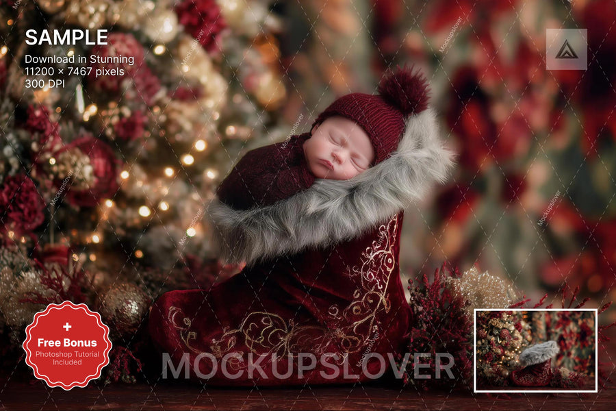 christmas baby in red studio with holiday props and winter wonderland digital backdrop
