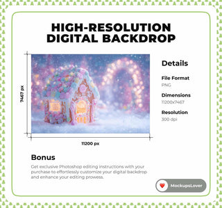 Christmas Digital Backdrop, Gingerbread House Photo Background, Winter Wonderland, Holiday Candyland Kids Props, Photoshop & Canva Template