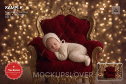 newborn baby in festive christmas setting with red armchair, holiday decor, digital backdrop, perfect for holiday photos