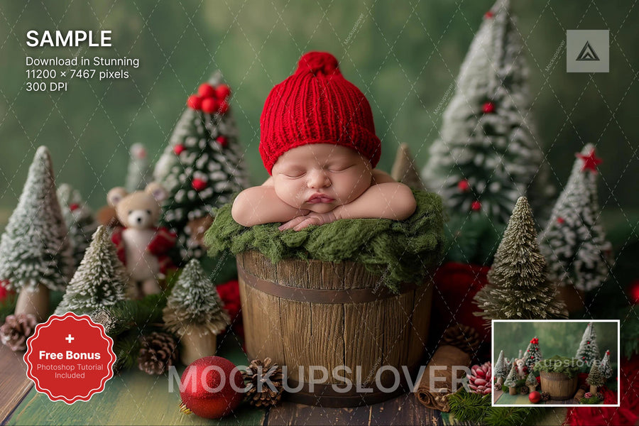 newborn baby with christmas tree and ornaments in digital backdrop for festive photos
