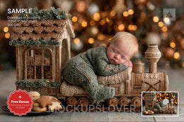 baby with christmas train backdrop, holiday photo, face swap overlay for festive photo shoots