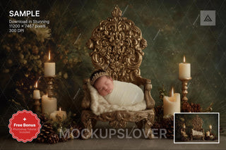 baby in victorian christmas setting with winter backdrop, festive scene, holiday props, photo background