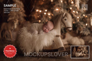 scene of a cozy wooden christmas backdrop with a rocking horse, ideal for festive newborn photography