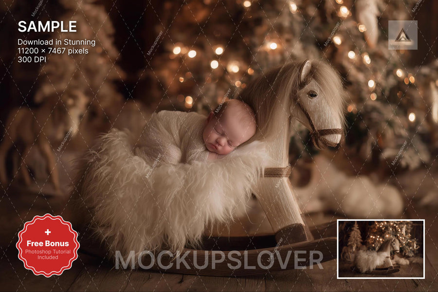 scene of a cozy wooden christmas backdrop with a rocking horse, ideal for festive newborn photography