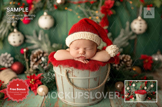 christmas baby scene, cozy holiday backdrop, newborn photo prop, digital christmas scene, wooden studio background