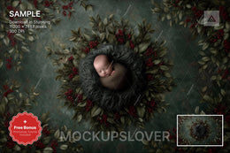 newborn baby in christmas-themed digital studio backdrop using photoshop template