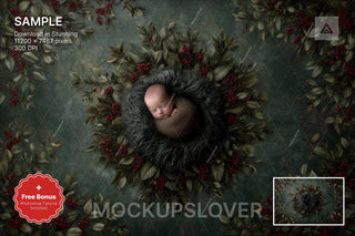 newborn baby in christmas-themed digital studio backdrop using photoshop template