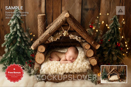 baby in rustic christmas setting, perfect for holiday newborn photos, backdrop for winter scenes