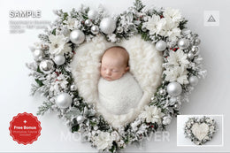 scene of a baby heart nest backdrop with christmas and winter elements, perfect for holiday newborn photography