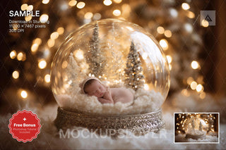 newborn baby in christmas-themed digital backdrop with glass globe, ideal for photoshop editing