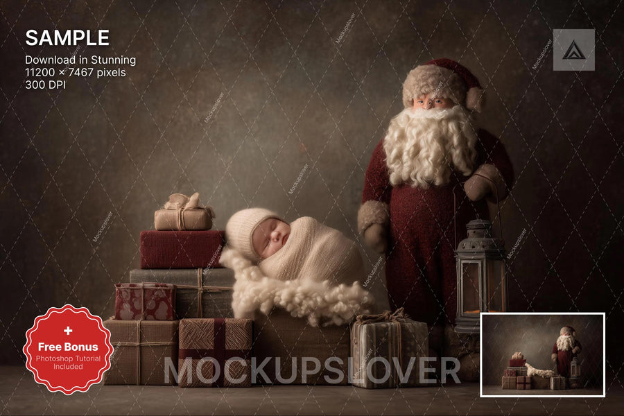 scene of a vintage christmas backdrop with santa claus and newborn props, perfect for holiday photo sessions