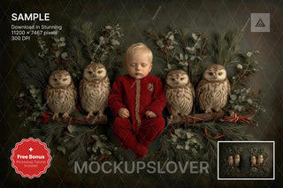 wise owls in christmas woodland scene, perfect for newborn photo backdrop and holiday digital templates