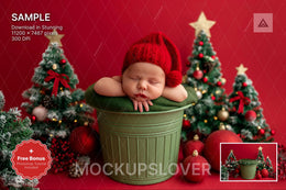 newborn baby in front of a red christmas backdrop, holiday studio scene, festive background for photos