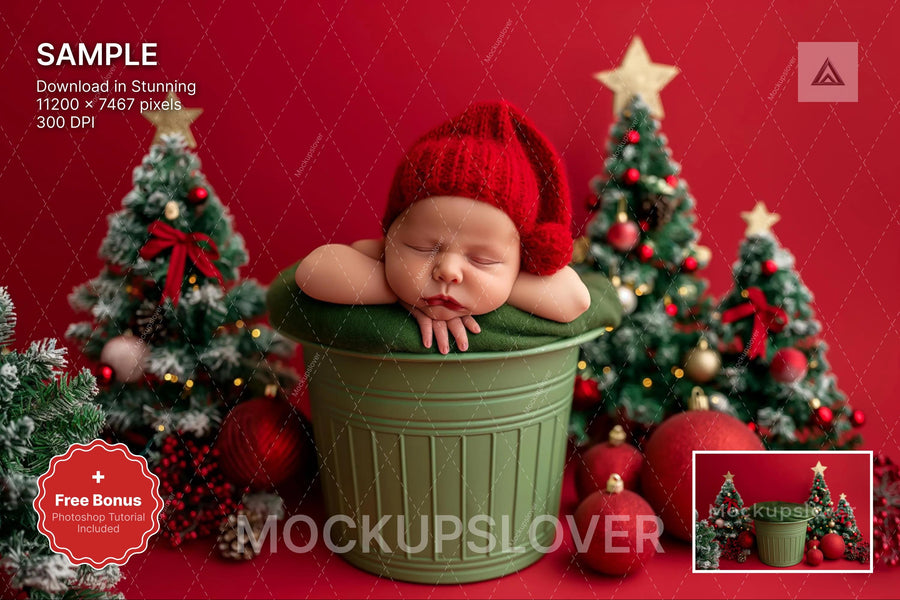 newborn baby in front of a red christmas backdrop, holiday studio scene, festive background for photos