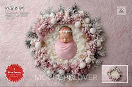 baby lying on pink christmas backdrop, festive holiday scene, perfect for newborn photography