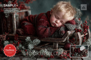 christmas baby face swap overlay with santa sleigh backdrop, ideal for newborn photos and holiday scenes