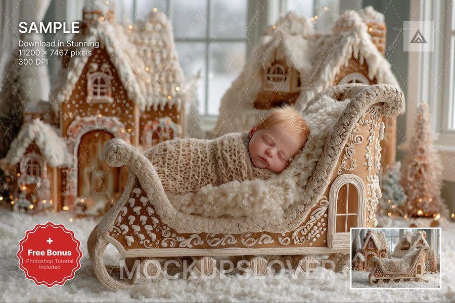 digital backdrop featuring christmas gingerbread cookies and sleigh, ideal for newborn and holiday photo sessions