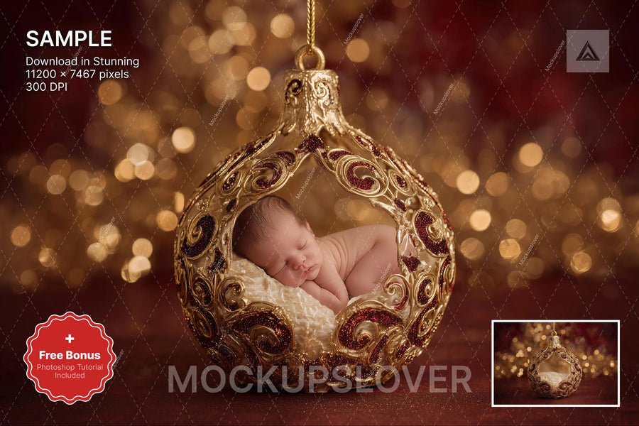 scene of a newborn baby with a red christmas ornament backdrop, ideal for holiday photo sessions, digital studio background