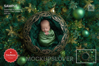 scene with a green christmas ball and holiday backdrop, ideal for newborn photography