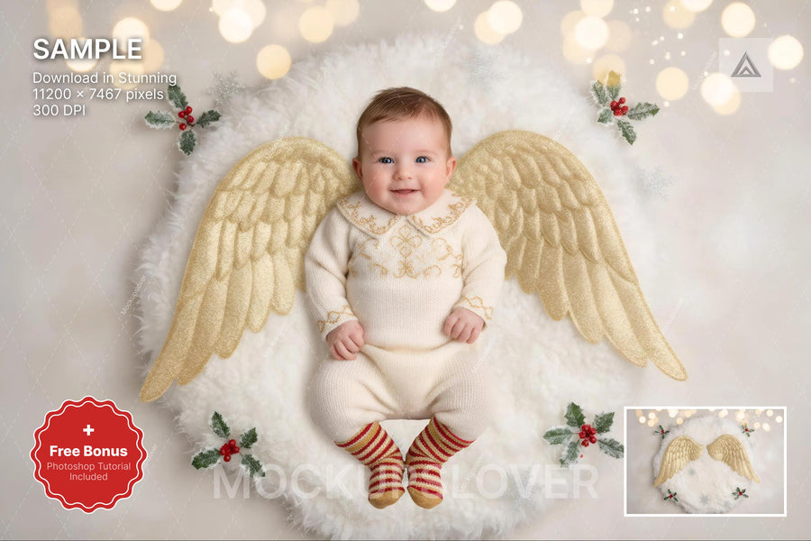 christmas angel newborn digital backdrop with golden angel wings for holiday studio baby photography