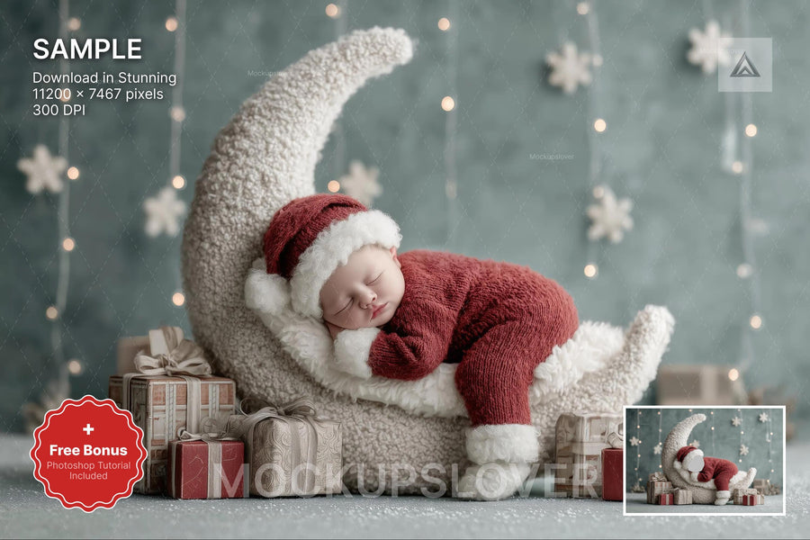 santa face swap overlay for newborns, holiday backdrop, christmas photo prop, crescent moon background, festive baby scene