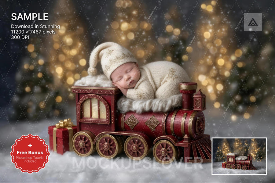 newborn baby in a festive red christmas train, perfect for winter wonderland digital backdrop
