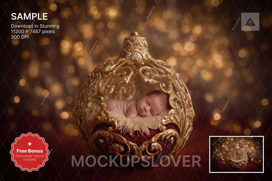 golden christmas ornament scene, winter wonderland backdrop, holiday baby prop, digital studio background
