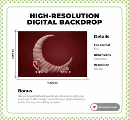 Christmas Baby Digital Backdrop, Candyland Props, Crescent Moon, Candy Cane, Red Studio Photo Background, Newborn Prop, Photoshop Template