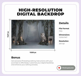 Winter Studio Digital Backdrop, Woodland Animals Photo Background, Wise Owl, Christmas Holiday Kids Prop, Photoshop & Canva Template