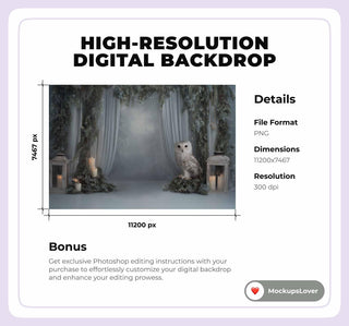 Winter Studio Digital Backdrop, Woodland Animals Photo Background, Wise Owl, Christmas Holiday Kids Prop, Photoshop & Canva Template