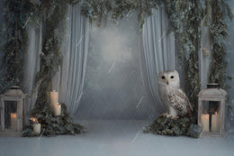 Winter Studio Digital Backdrop, Woodland Animals Photo Background, Wise Owl, Christmas Holiday Kids Prop, Photoshop & Canva Template