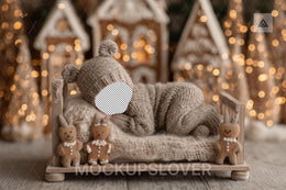 First Christmas Baby Face Swap Overlay, Gingerbreads Digital Backdrop, Wood Bed, Christmas Cookies Photo Background, Teddy Bear Newborn Prop