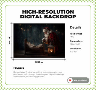 First Christmas Baby Digital Backdrop, Santa Claus, Wood Bed, Studio Photo Background, Holiday Newborn Prop, Photoshop & Canva Template