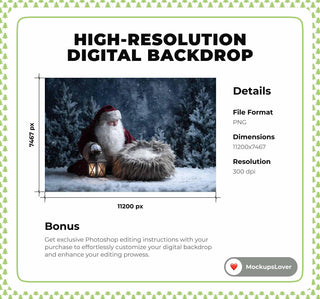 Christmas Baby Digital Backdrop, Winter Forest Photo Background, Santa Claus, Holiday Newborn Boy Girl Prop, Photoshop & Canva Template