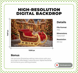 Christmas Digital Backdrop, Santa Sleigh Photo Background, Winter Wonderland, Holiday Kids Prop, North Pole, Photoshop & Canva Template