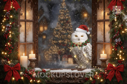 Christmas Window Digital Backdrop, Wise Owl, Winter Wonderland Photo Background, Holiday Kids Portrait Prop, Photoshop & Canva Template