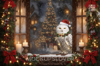 Christmas Window Digital Backdrop, Wise Owl, Winter Wonderland Photo Background, Holiday Kids Portrait Prop, Photoshop & Canva Template
