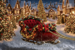 Christmas Santa Sleigh Digital Backdrop, Christmas Village Photo Background, Winter Wonderland, Holiday Kids Prop, Photoshop/Canva Template
