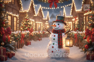 Christmas Snowman Digital Backdrop, Christmas Village Photo Background, Winter Wonderland, Holiday Kids Prop, Photoshop & Canva Template