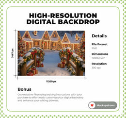 Christmas Village Bridge Digital Backdrop, Winter Wonderland Photo Background, Holiday Kids Prop, Photoshop & Canva Template, Photo Editing
