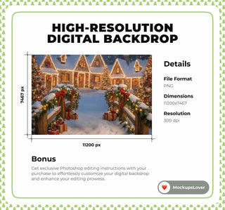 Christmas Village Bridge Digital Backdrop, Winter Wonderland Photo Background, Holiday Kids Prop, Photoshop & Canva Template, Photo Editing